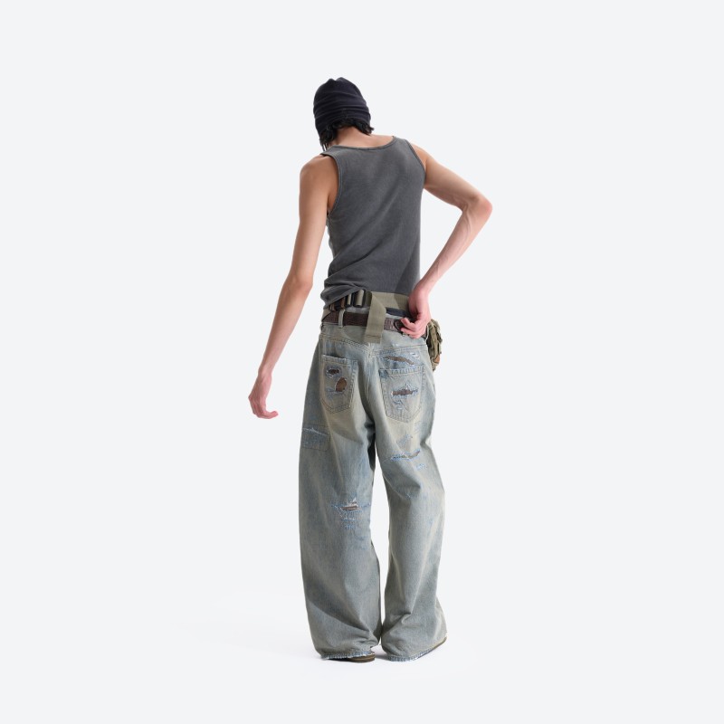 Destroyed Patch‑work Denim Pants